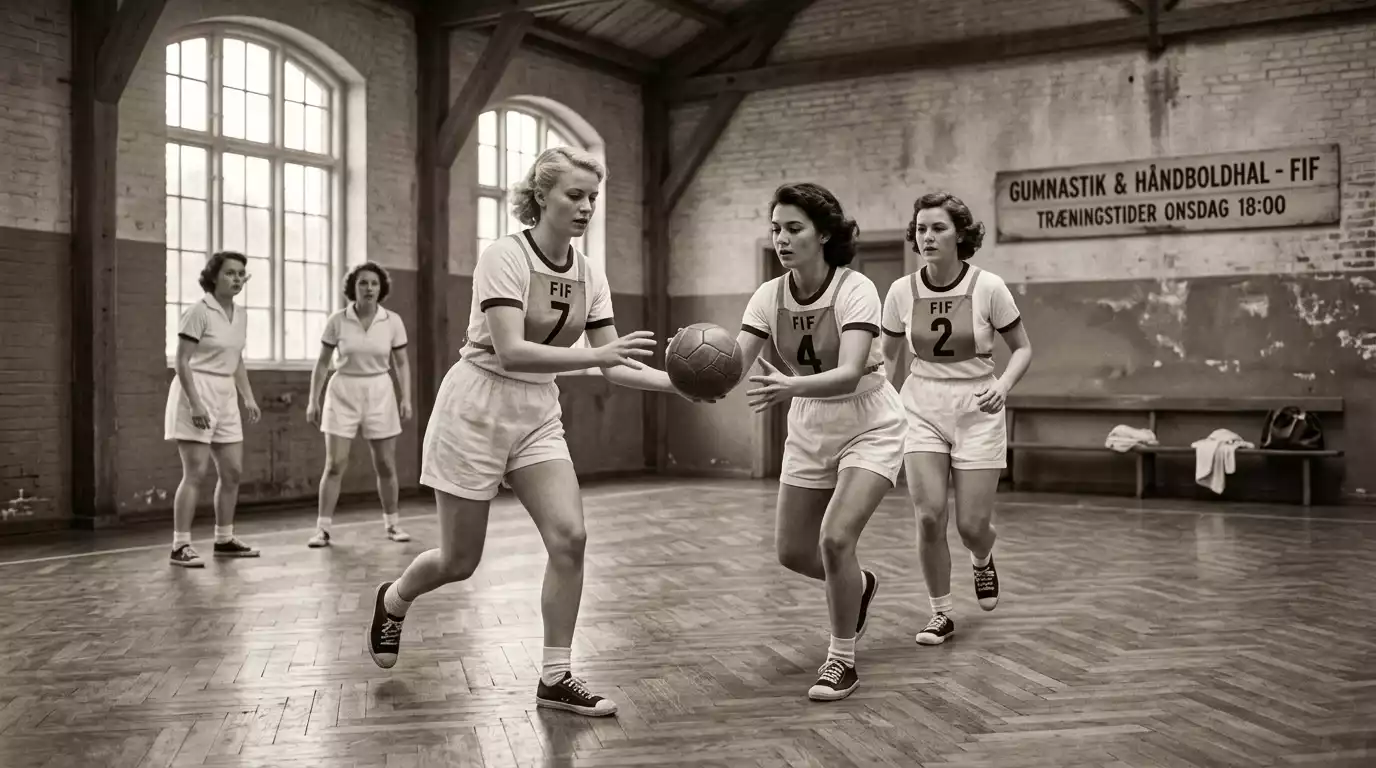 Tidlige år i dansk kvindehåndbold - spillere på indendørs håndboldbane i 1950erne