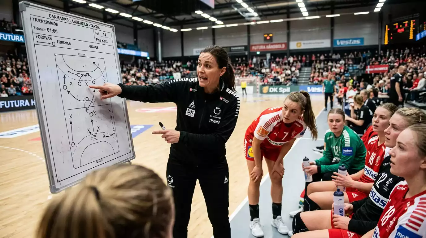 Kvindehåndbold landstræner giver taktiske instruktioner under timeout i håndboldkamp