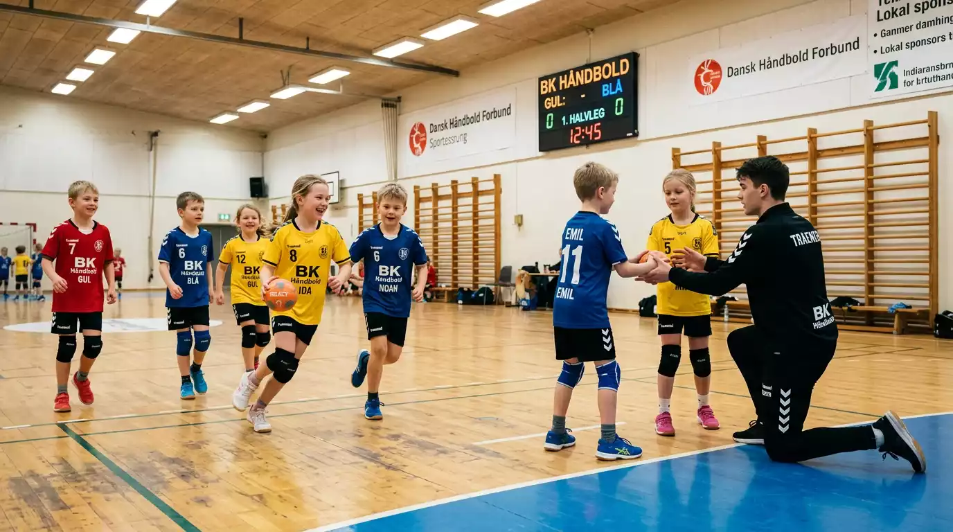 Børn og unge spiller håndbold i dansk sportshal med træner og holdkammerater